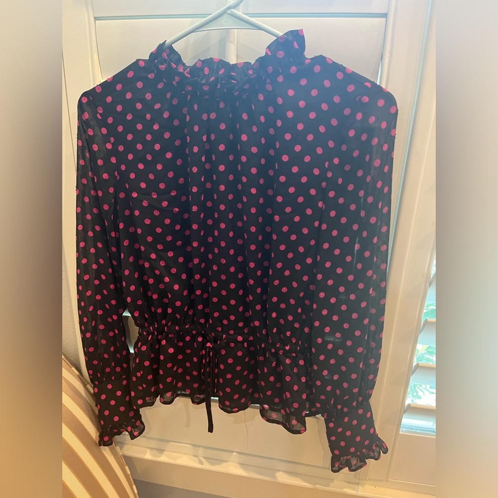 Ann Taylor XSP Petite sheer blouse with pink polka dots